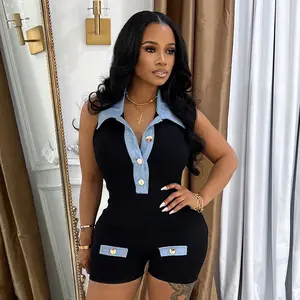 Polo Collar Denim Jumpsuit, Contrast Color Slim Fit Shorts, Slim Summer Denim Romper, Trendy Contrast Denim Polo Jumpsuit for Women