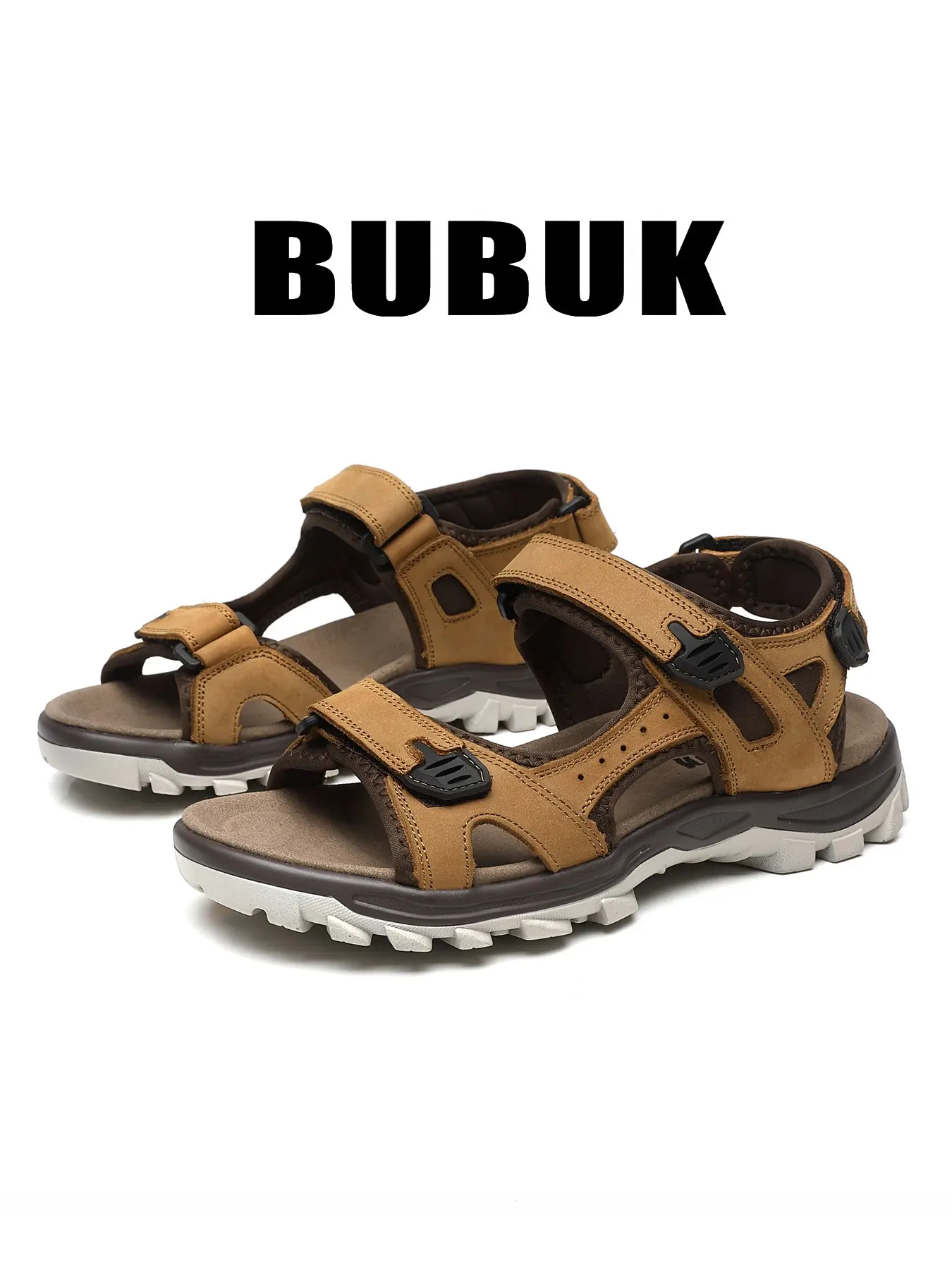 BUBUK Men's Genuine Leather Sport Sandals, Casual Summer Outdoor Walking Athletic Sandals, Shock Absorbing Anti-Slip Design, Outdoor Hiking Shoes, Comfortable Breathable Footwear, Non Slip Sandals
