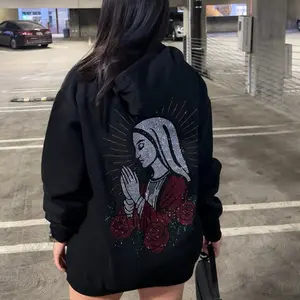 Siempre Bendecida Unisex Pull Over Hoodie with Glitter Virgin Mary Design and Red Rose Accents