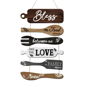 Wooden Kitchen Wall Art with Rope Hanging Design, Easy Install Letter & Utensils Pattern Decor, Perfect for Kitchen & Dining Room, Hanging Ornaments