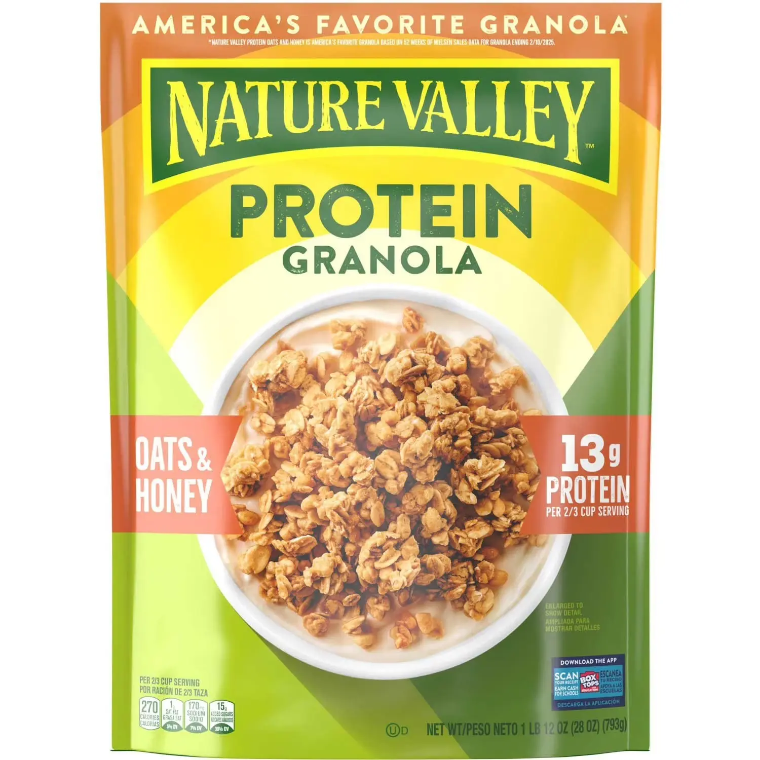 Nature Valley Oats 'n Honey Fiber Protein Instant Granola Cereal - 28 oz Certified Organic Breakfast Pantry Food, Good Source of Fiber, Pairable with Milk & Dark Chocolate, 11 oz Baking Soda-Infused Option, Cupboard-Friendly for High Protein Meals