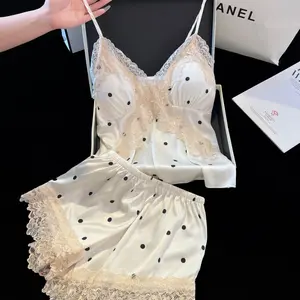 Popular live-streaming item: Ice silk polka dot nightdress, feminine lace pajama set, camisole shorts, lightweight home wear, cross-border