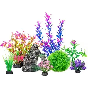 Ameliade Aquarium Artificial Plastic Plants Decorations and Rock Cave Decor Set Goldfish Betta Fish Tank Accessories Small Large Fish Bowl Ornaments