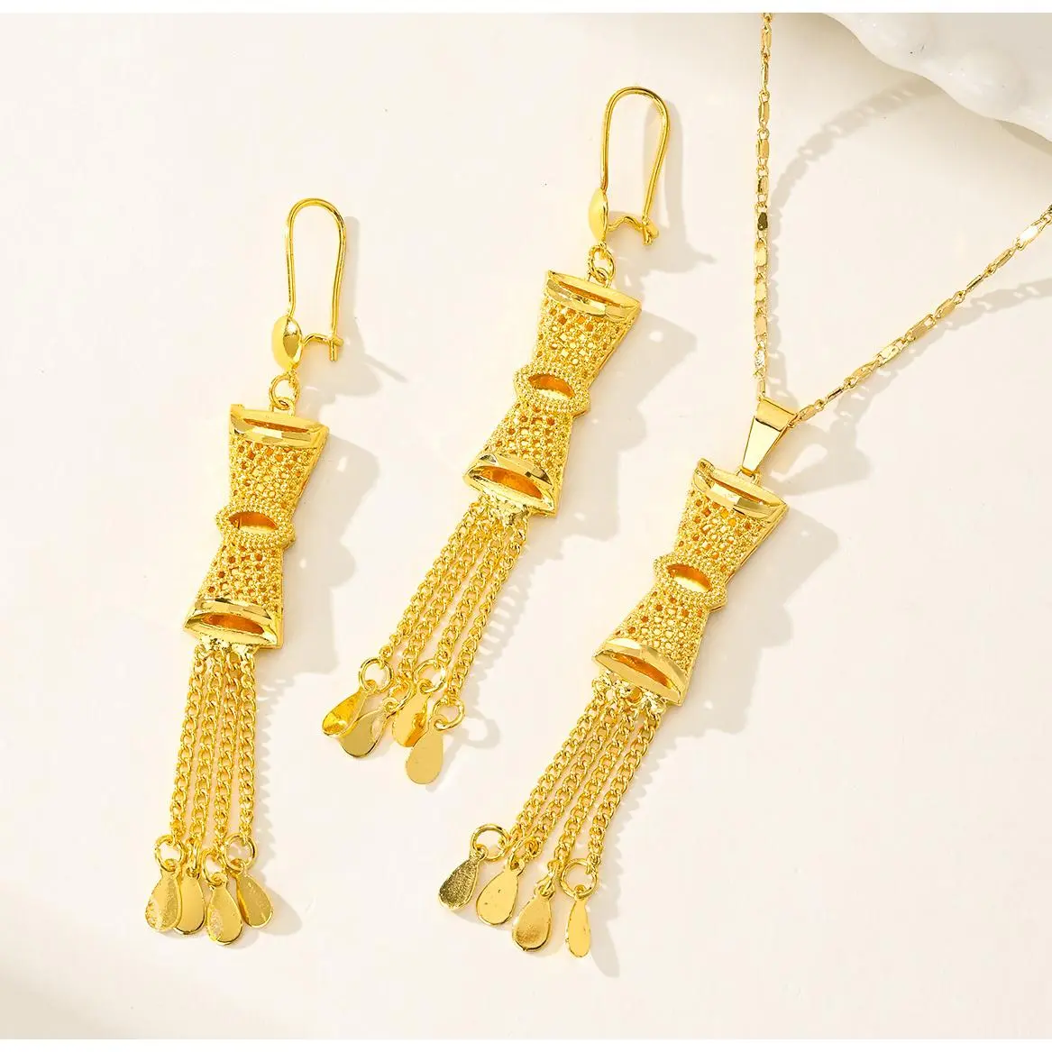 24K Gold Plated Filigree Tassel Jewelry Set - Necklace & Drop Earrings Perfect Gift For Weddings & Parties