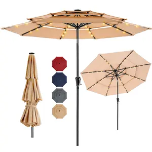 【Wind-Resistant (Up to 30MPH) + Airy Vents】9FT/7.5ft/10ft 3-Tiers Outdoor Patio Umbrella | 5-Year Fade Resistant, UPF50+ UV Protection | Vented Commercial Market Umbrella with 8 Sturdy Ribs | Push Button Tilt, Crank Handle | Pool, Backyard Shade | No Base