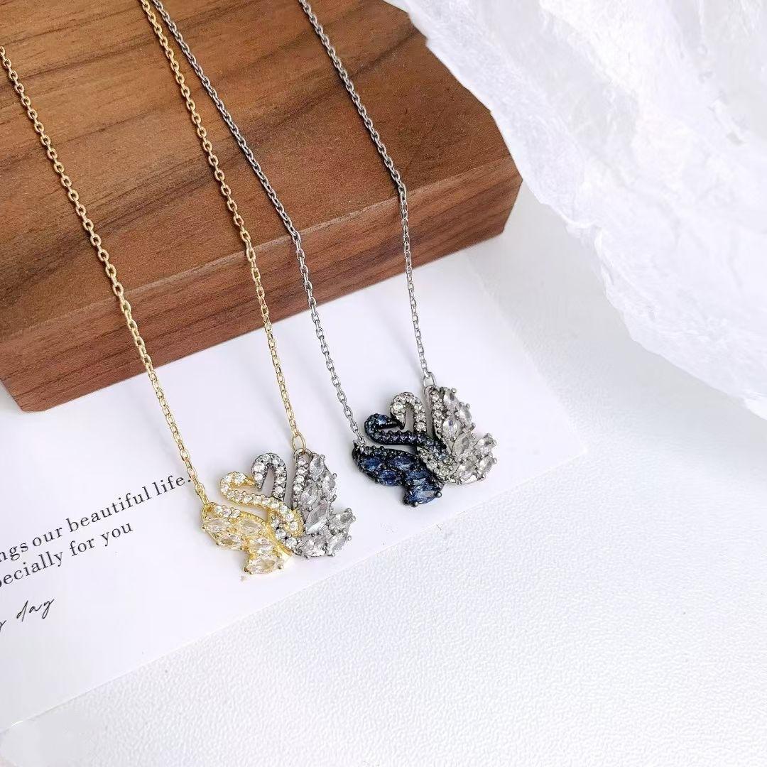Women's Black White Gold Swan Necklace, Hugging Goose Design Fashion Jewelry