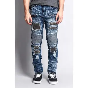 Stain Washed Contrast Patching Twill Biker Jeans