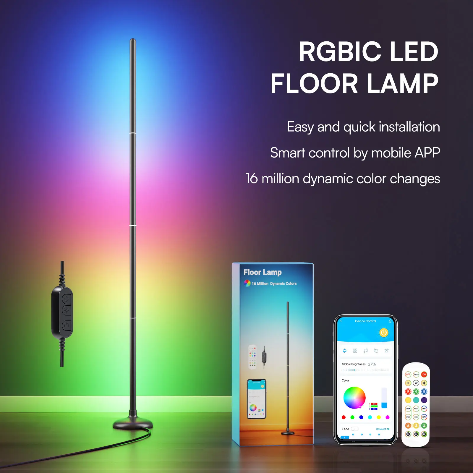 DAYBETTER RGB Corner LED Floor Lamp, 16M Colors with Music Sync, Smart Control by Mobile App, 3-Way Control, Vibrant Color Customization, No-Tool Setup for Bedroom Gaming Room