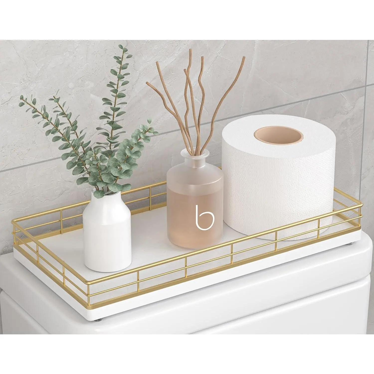 Toilet Paper Basket Organizer - Oak  Toilet  Tray with Metal Frame, Bathroom Counter Top Storage for Toilet Paper, Wipes & Decor, Modern Narrow  of  Shelf Organizer,  & White