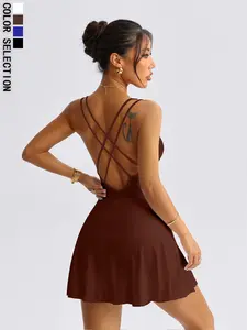 Women's Outdoor Sports Tennis Dress Set, Two-In-One Dress and Safety Pants, Backless Yoga Skirt, Sporty Style, All Seasons, Sleeveless Athletic Dress