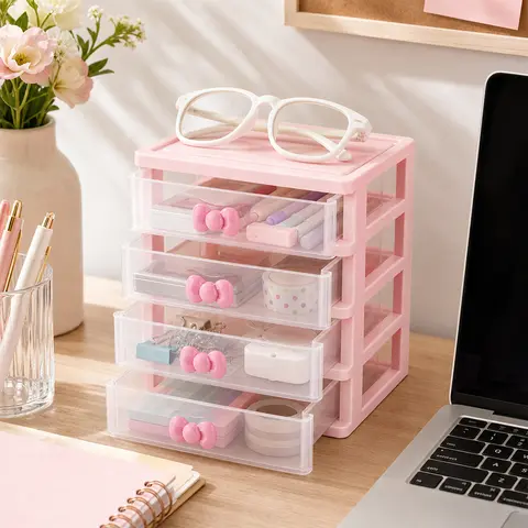 1 piece 4-layer drawer style plastic storage box - pink bow handle desktop storage box, suitable for storing office supplies, cosmetics, and handmade items, making it an ideal choice for home, office, and dormitory organization