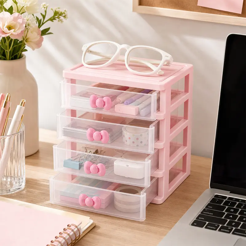 1 piece 4-layer drawer style plastic storage box - pink bow handle desktop storage box, suitable for storing office supplies, cosmetics, and handmade items, making it an ideal choice for home, office, and dormitory organization