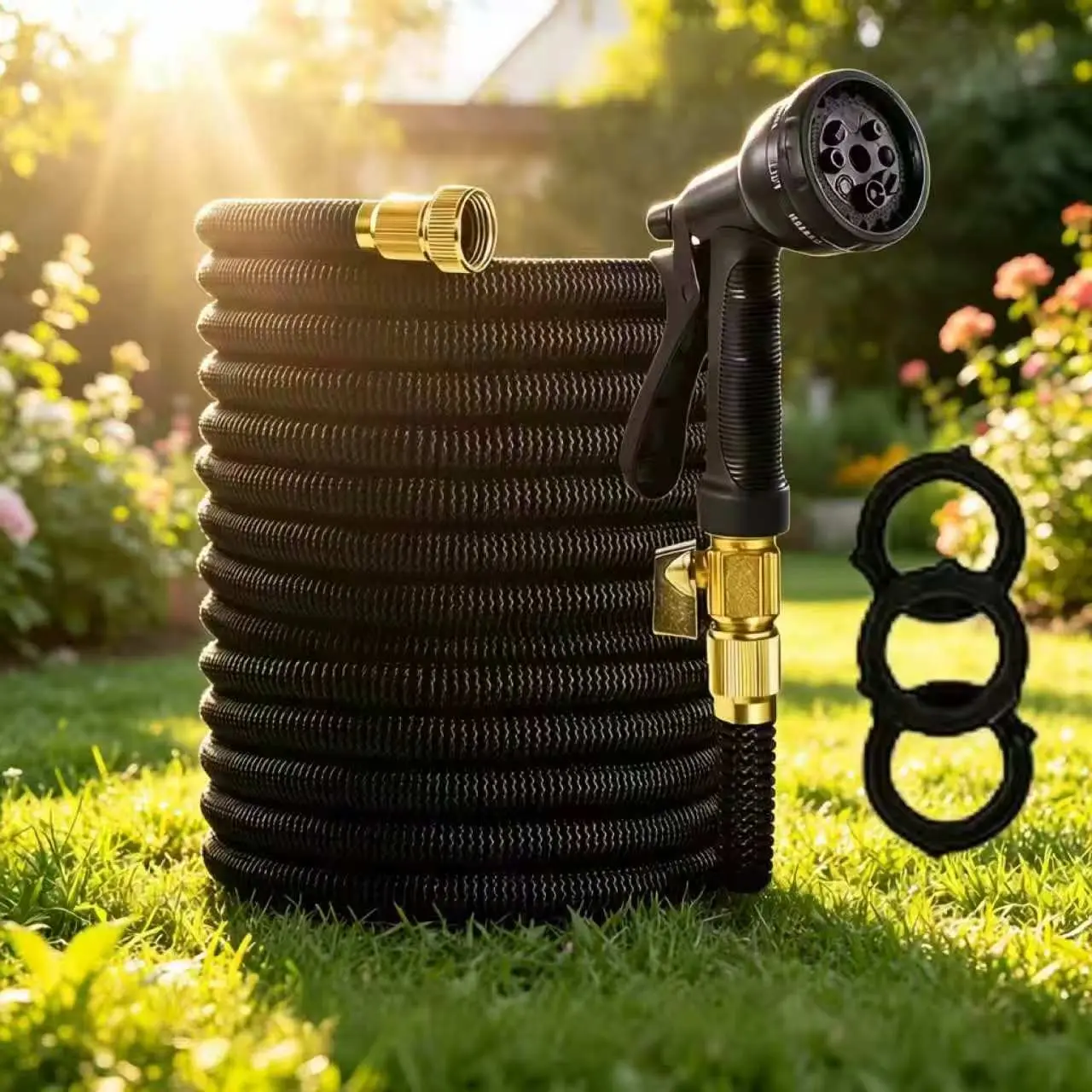 Heavy-Duty Expandable Garden Hose Kit with Solid Brass Connectors & 8-Mode Nozzle, Tangle-Free & Leakproof for Backyard Gardening, Pool Maintenance, and Daily Household Outdoor Chores, Heavy Duty Water Hose, Garden Watering Hose