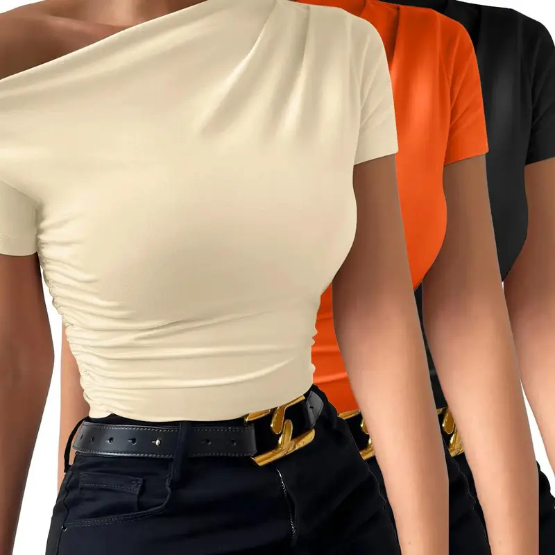 Women's Plain Basic Ruched Asymmetrical Neck Fit Tee, Casual Short Sleeve Fabric T-shirt for Summer, Ladies Clothes Tops for Daily Wear, Casual Chic Top