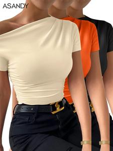 women's plain ruched asymmetrical neck tee, casual short sleeve t-shirt for summer, summer tops, summer clothes, ladies clothing for daily wear 90s clothes, fall clothes, womenswear, cozy fabric, garment, tshirt
