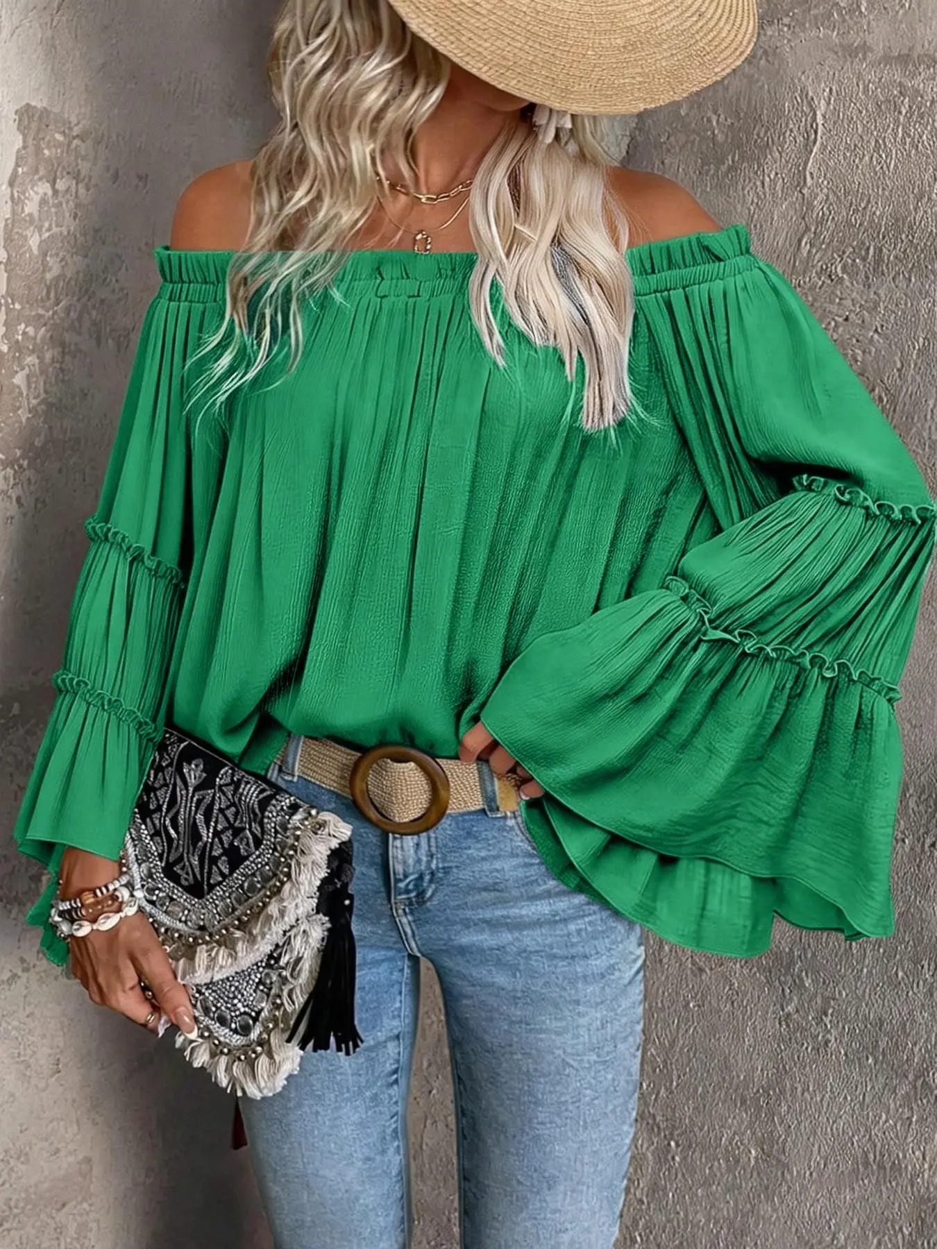Fashion Basic Plian Off-Shoulder Ruffled Long-Sleeve Green, Blouses Shirts Tops, Shirts, Blouse Top, Lady, Curve Plus Size Loose Casual Elegant Chic Tops, Y2K Clothes Street Style Daily Date Wear Trendy Vacation Outfits Cute Party Wear Womenswear