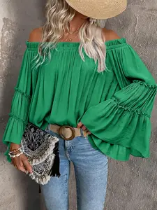 Fashion Basic Plian Off-Shoulder Ruffled Long-Sleeve Blouse, Shirts, Curve Plus Size Loose Casual Chic Tops Y2K Clothes Street Style Daily Date Wear Trendy Vacation Outfits Cute Party Wear Womenswear