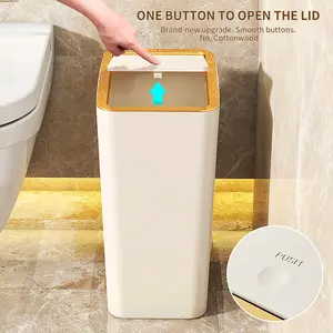 Cream & Gold Press-Top Trash Bin, Creative Waste Bin, Sealed Lid Odor Lock, Slim Space-Saving Design, Fits Bathroom Kitchen Bedroom Office