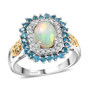 Welo Opal and Multi Gemstone 1.55 ctw Sunburst Ring in 18K Vermeil Yellow Gold and Rhodium Over Sterling Silver Size 8 Christmas Gifts
