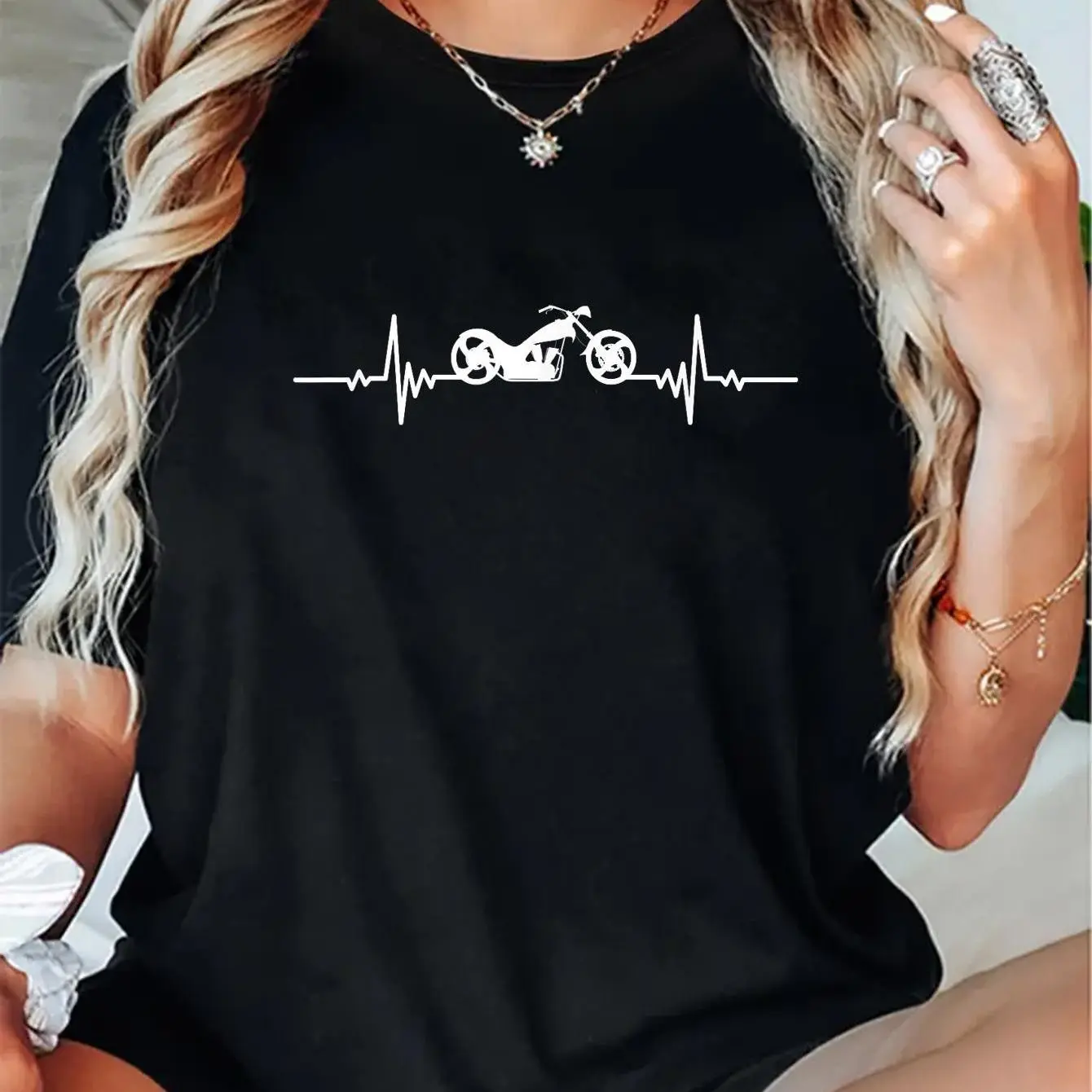 100% Cotton Women's Motorcycle Heartbeat Graphic T-Shirt - Soft Biker Tee with s, Black with White Design, Perfect for Attire or Special Occasions.,big,chenille