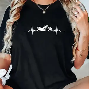 100% Cotton Women's Motorcycle Heartbeat Graphic T-Shirt - Soft Biker Tee with s, Black with White Design, Perfect for Attire or Special Occasions