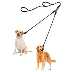 PetBonus Rope Double Dog Leash, No Tangle Dual Leash, Reflective Walking Training Lead with Two Comfortable Padded Handles, Lead Coupler for Medium Large Dogs (55-200 lbs）