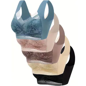 5 Pieces Elegant Lace Wireless Bra, Comfortable Breathable Full Cup Push-Up Underwear, Women's Sexy Lingerie and Panties