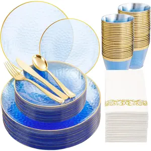 175 Pcs Plastic Dinnerware Set (25 Guests), Blue Disposable Plates With Gold Rim, Hammered Party Plates Set Include Dinner Platos, Dessert Platos, Cups, Cutlery And Napkins for Party