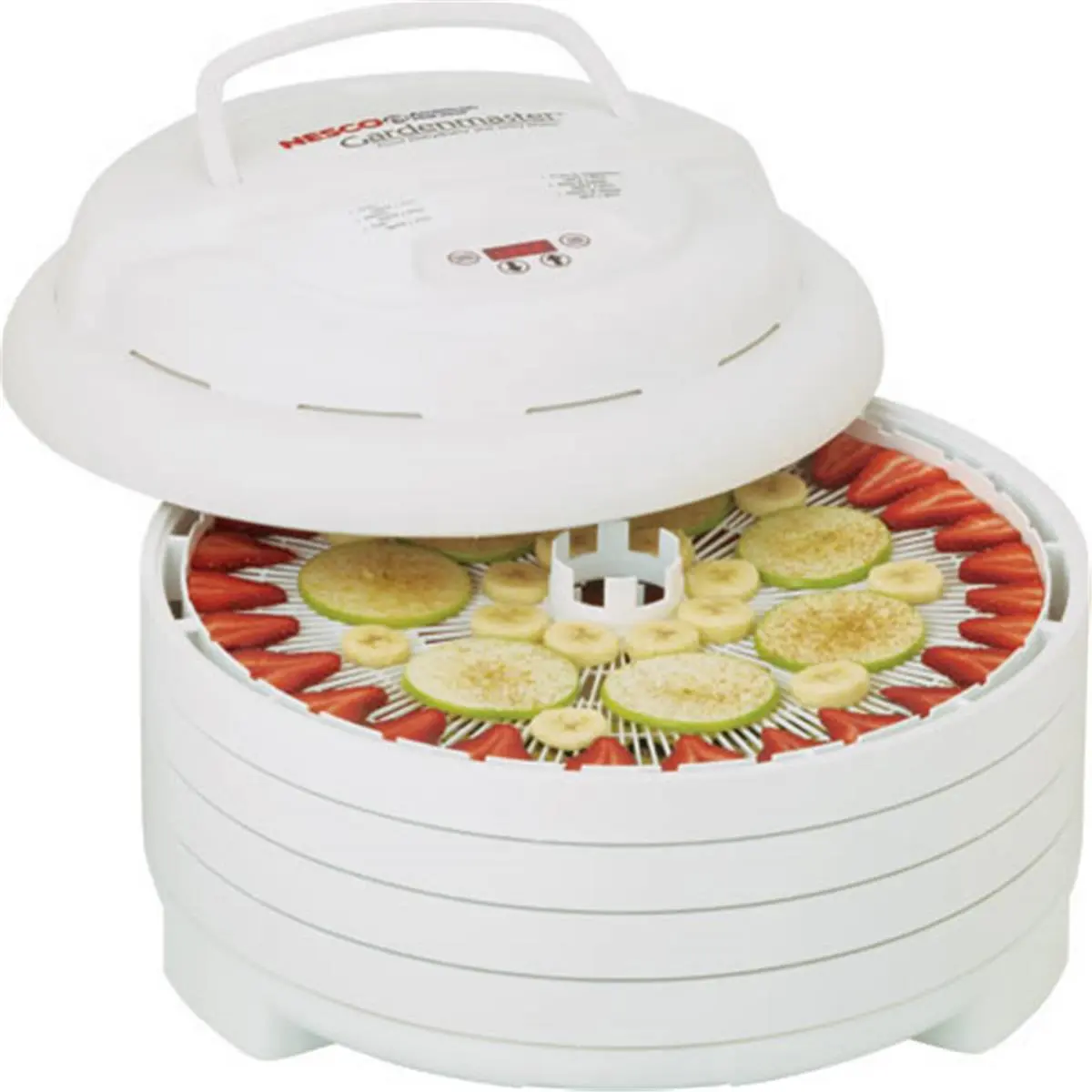 Nesco American Harvest FD-1040 Gardenmaster Digital Dehydrator - 1000W Power, 1000W of Drying Power, Fan Circulation, 4 Multiple Trays, 1 Mesh Sheet, 1 Jerky Spice Packet, 52-Page Recipe Book, White, with Accessories