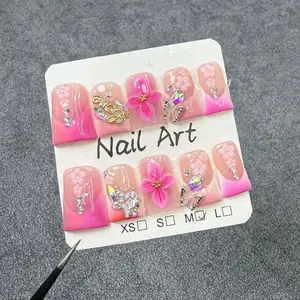 Reseller Box Acrylic Press-On Nail Art Pink Gradient with Floral & Rhinestone Designs XS S M L Sizes for Stylish Manicures