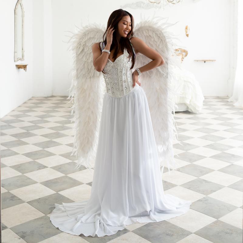 ZUCKER White Full Length Deluxe Angel Feather Wings with Sequin Straps for Magical Photo Shoots and Halloween Costumes Faux Fur