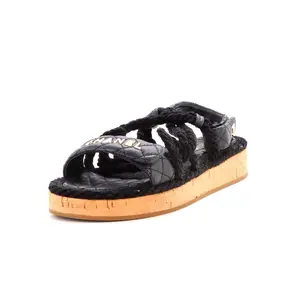 Pre-owned Chanel Women's Cord Velcro Dad Sandals Quilted Leather and Cork by Rebag