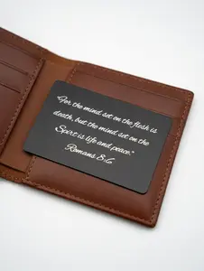 Romans 8:6 Metal Wallet Card – “Mind Set on the Spirit is Life and Peace” – Black or Gold Engraved Card