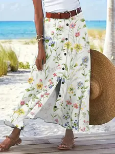 Summer Floral Midi Skirt for Women, High Waist A-Line Design, Front Button Closure, Slimming Effect, Beach Style, 2026 Collection
