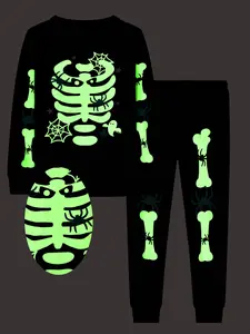 Boys' Halloween Luminous Skeleton Long-Sleeve Top & Pants Set - 2PCS, Black, Comfortable & Stylish Costume for Spooky Season