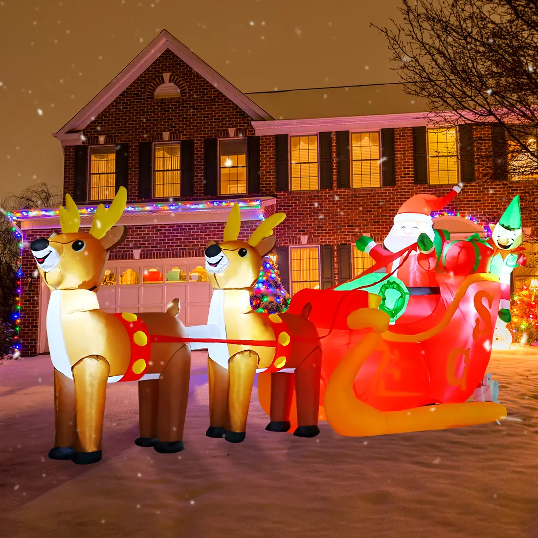 GOOSH Waterproof Christmas Inflatable Cartoon Santa Decor, Santa Claus on Sleigh with Reindeer and Boxes, Festive Home Party Decoration, Cartoon Santa Christmas Decor