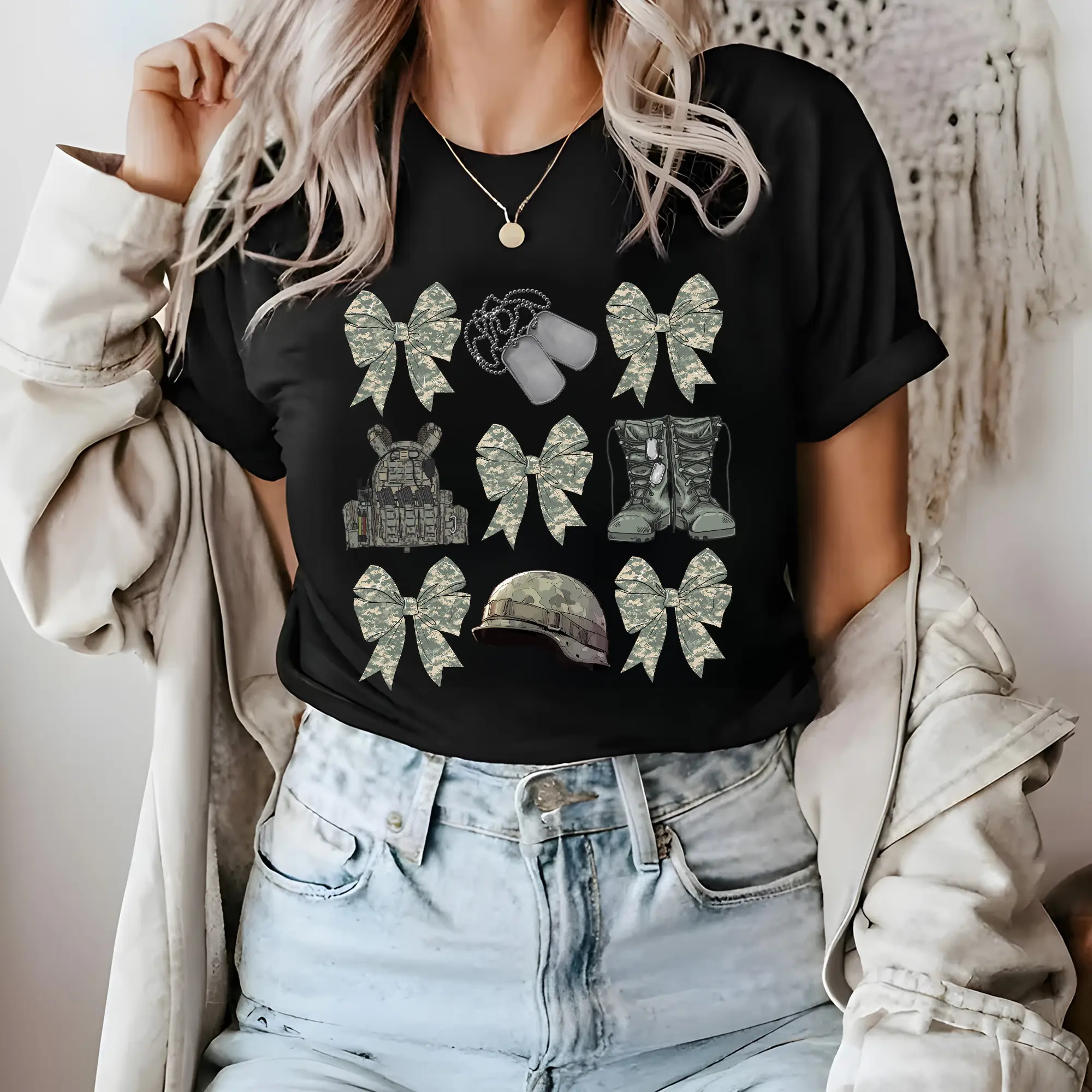 Camouflage Coquette Bows Army Shirt, Army Girlfriend Shirt, Retro Army Wife Shirt, Coquette Army Wife Tee