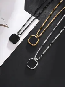 Men's Stainless Steel Square Pendant Necklace, Geometric Polygon Design, Perfect for Casual & Punk Styles, Ideal Father's Day Gift