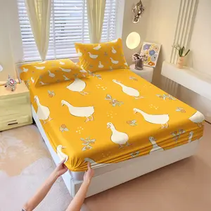 Turmeric Big White Goose Print Bed Sheet Set, Includes 1 Fitted Sheet & 2 Pillowcases without Filler, cute & warm, soft, skin-friendly & breathable, creates cozy sleeping space.
