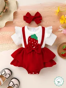 Elegant Baby Girl Jumpsuit with Plush Strawberry Pattern and Ruffle Edge Layered Design Butterfly Knot Decoration Perfect for Leisure Photography Vacation and Parties
