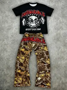 Teen Boys Casual Print Round Neck Short Sleeve T-Shirt & Bell Bottom Sports Pants Set, Spring Summer Camo, Game Boy Sportswear