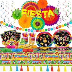 101 Pcs Fiesta Party Supplies Set with Plates, Napkins, Banner & Honeycomb Centerpieces for Cinco de Mayo