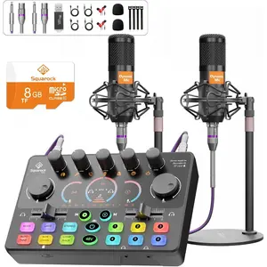 Podcast Equipment Bundle for 2, Audio Mixer with 8GB Memory Card and Dynamic Mics,RGB,Built-in Recorder, Customize Button, Stereo for Vocal Recording Podcasting,Streaming Camera, PC, Phone.(RS2i2)