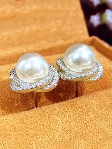 Women's Elegant Zirconia Earrings, Simulated Pearl Studs, Pearl Embellished, Party Engagement Anniversary Jewelry Gift, All-Season Accessory
