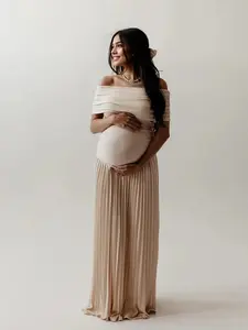 Pregnant Women's Apricot Off-Shoulder Ruched Maxi Dress with Flared Hem - Maternity Apparel for Baby Shower Photoshoots, Baby Shower Dresses, Maternity Shoot Outfits, Pregnancy Reveal Clothing