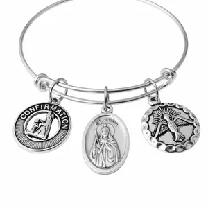Confirmation Saint Jude Expandable Charm Bracelet Silver - San Judas Tadeo Adjustable Bangle with Dove