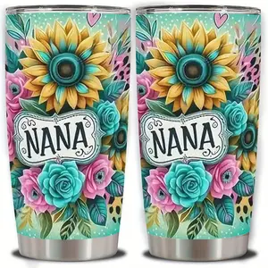 Nana Sunflower 20oz Tumbler with Lid Floral Leopard Print Best Nana Ever Gift for Grandma Stainless Steel Insulated Travel Mug Mother's Day Birthday Present