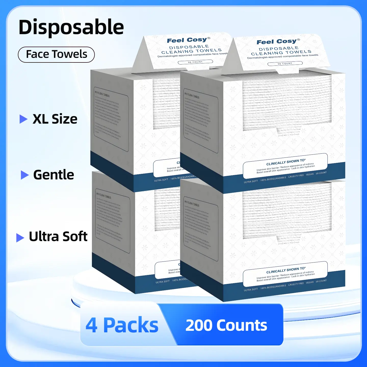 Feel Cosy Disposable Face Towel | XL Size | Ultra Soft, Eco-Friendly & Gentle | 4 Boxes 200 Count | Clean Skin Towels for Makeup Removal & Daily Skincare |  Facial Wipes Cleansing Cleanser Cosmetic SummerVibes