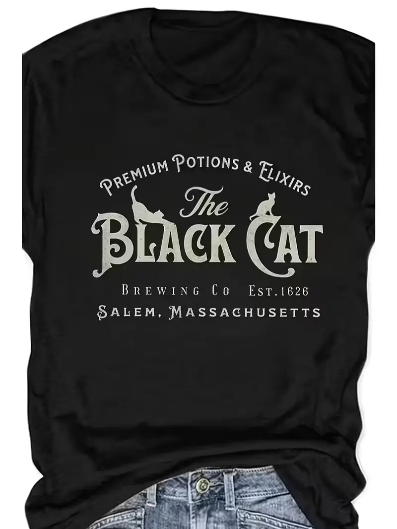 Vintage The Black Cat Salem Witch Potion Graphic Cotton T-shirt, Halloween Casual Tee