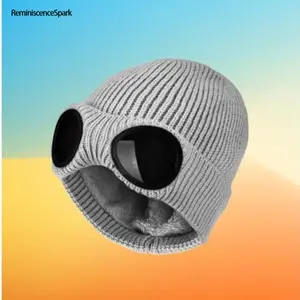 Unisex Goggle Lens Design Solid Color Beanie Hat – Soft Warm Windproof, Perfect Casual Accessory for Fall Winter Daily Commute & Street Style